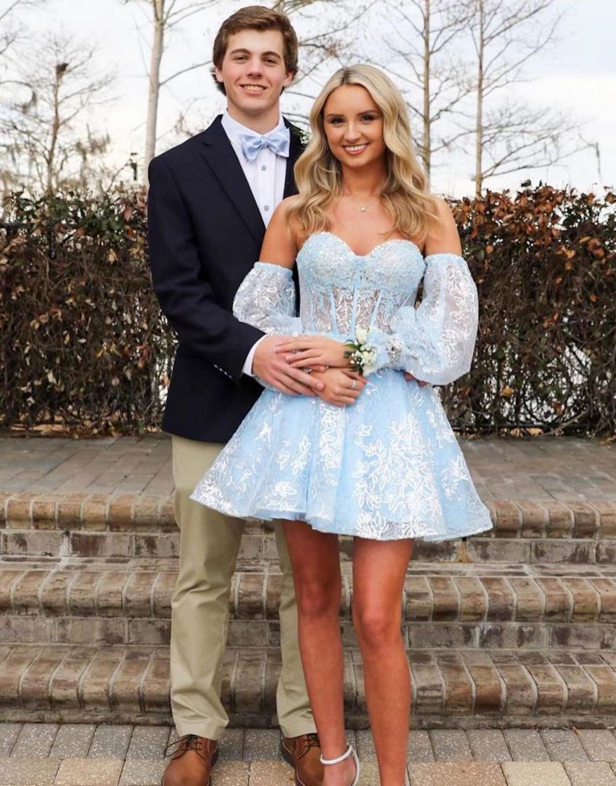 Light Blue A-Line Sweetheart Homecoming Dress With Detachable Sleeves