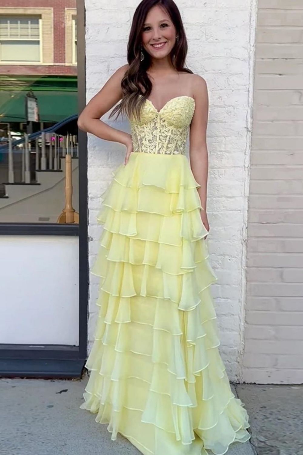 Berlinnova Women Stylish Yellow Long Prom Dress A-Line V-Neck Cutout Waist Tiered Ruffles Pageant Dress With Split