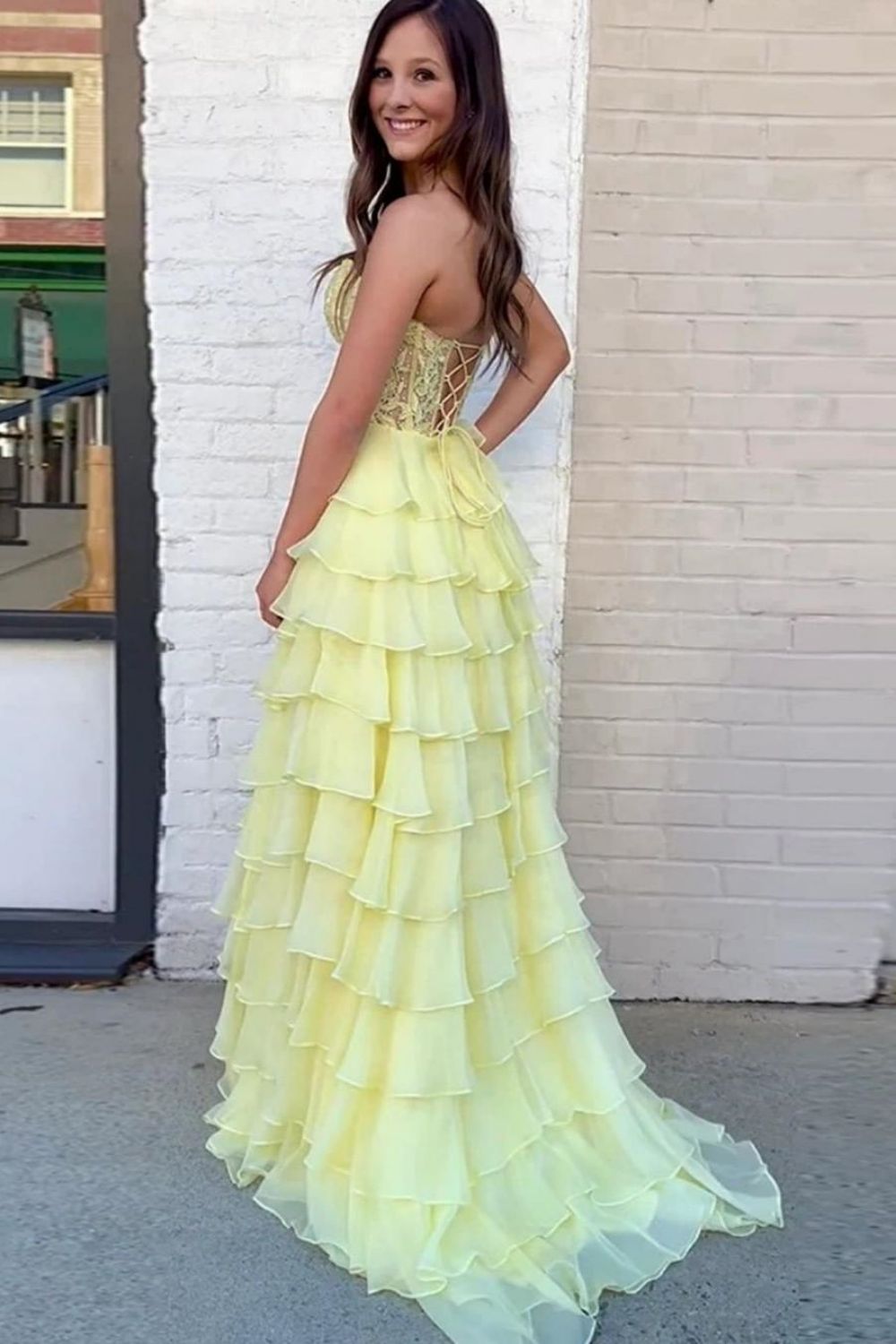 Berlinnova Women Stylish Yellow Long Prom Dress A-Line V-Neck Cutout Waist Tiered Ruffles Pageant Dress With Split