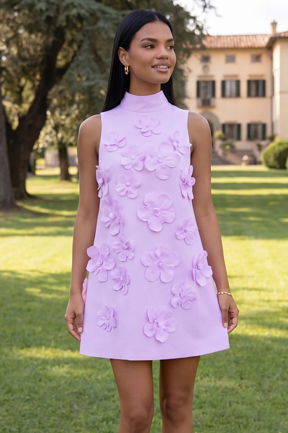 Fuchsia Short Floral High Neck A Line Homecoming Dress