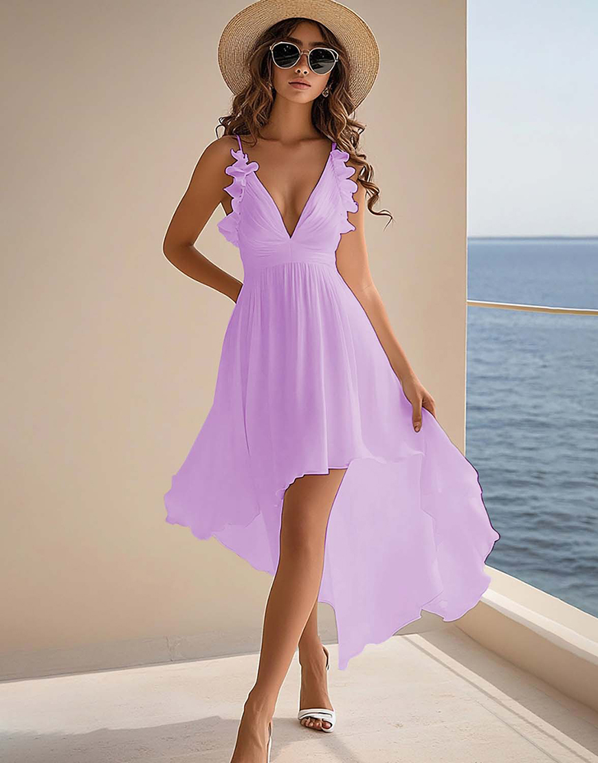 White A Line Chiffon High Low Graduation Dress with Ruffles