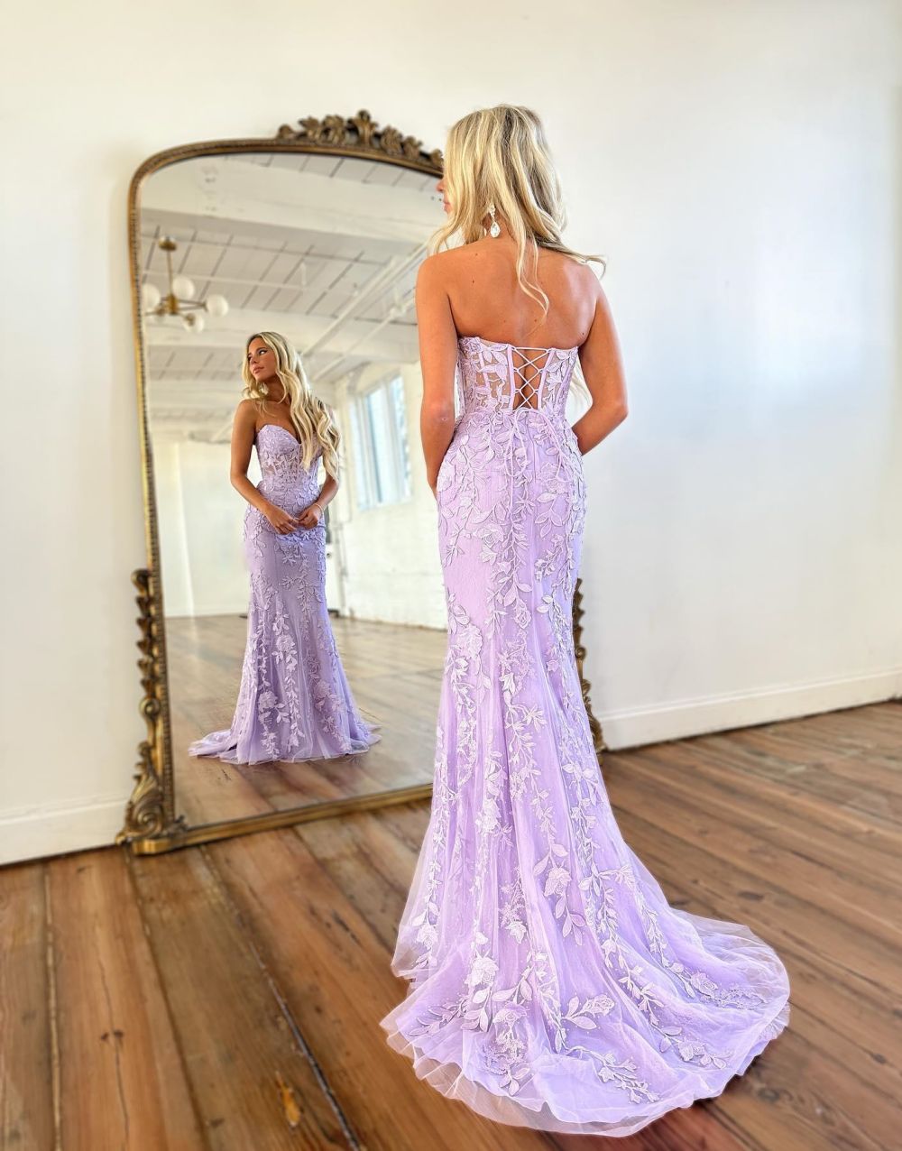 Lilac Tulle Lace A-line Open Back Prom Dresses MP688