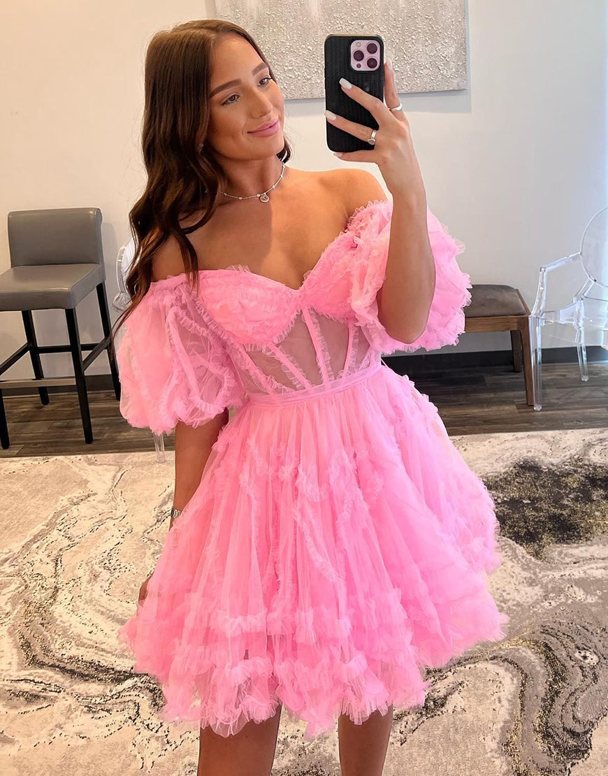 Lovely A-Line Off The Shoulder Tulle Homecoming Dress
