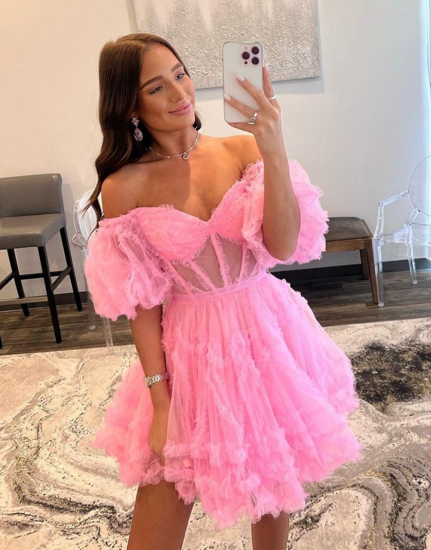 Lovely A-Line Off The Shoulder Tulle Homecoming Dress