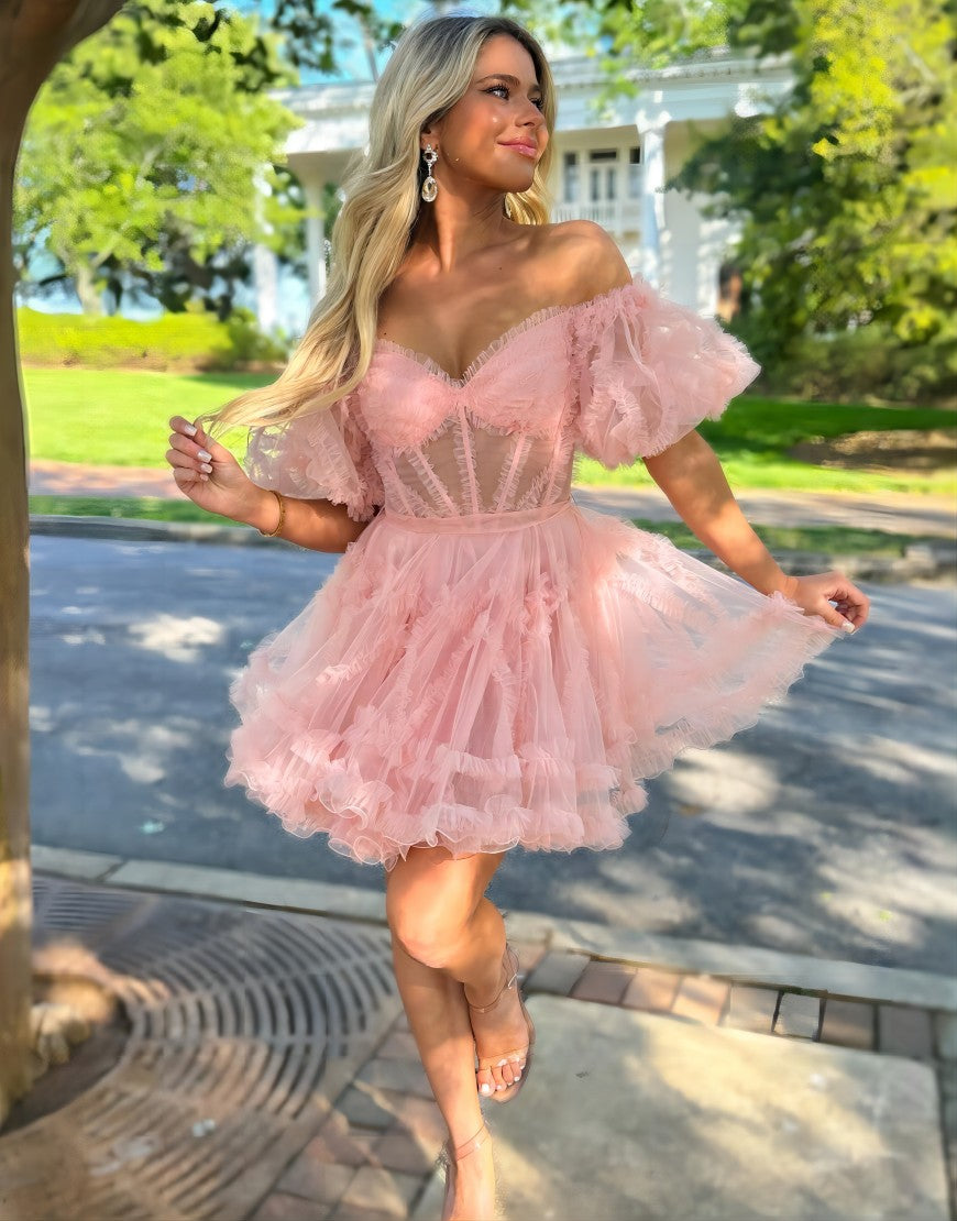 Sweet A-Line Off The Shoulder Short Tulle Homecoming Dress
