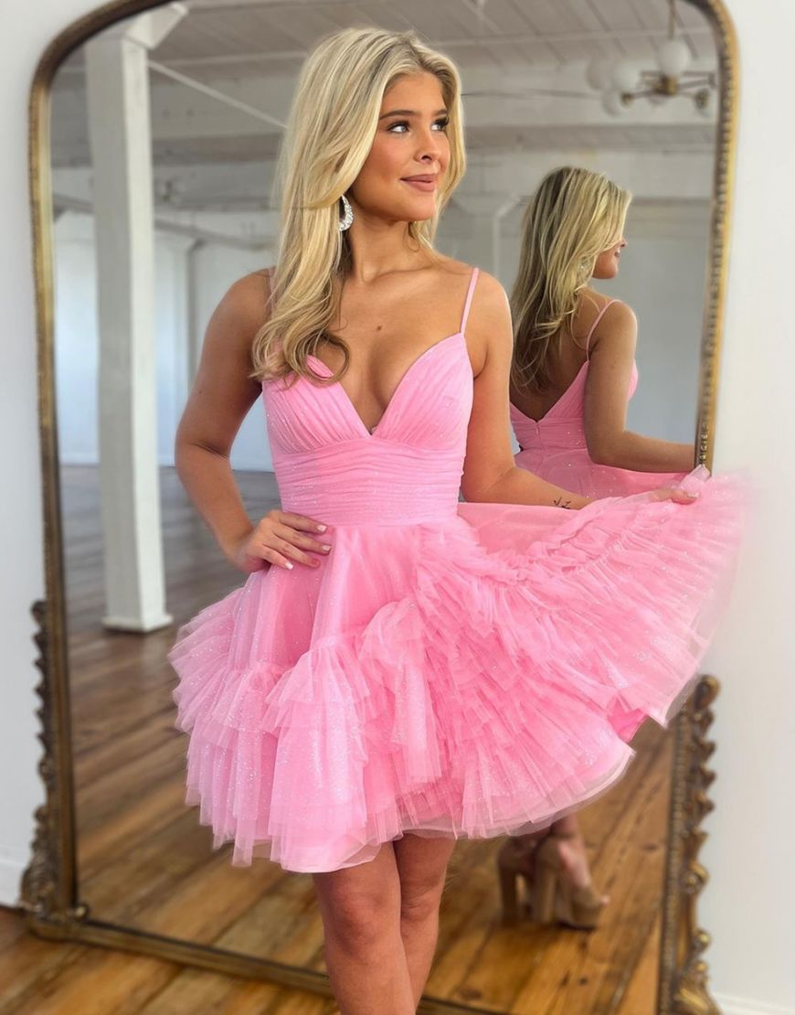 Lovely Pink Spaghetti Straps A-Line Tulle Homecoming Dress