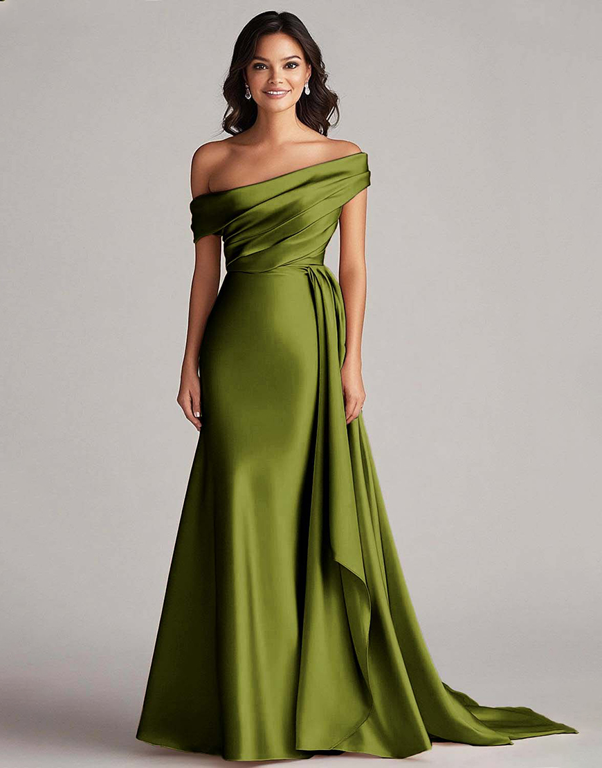 Elegant Champagne One Shoulder Bodycon Satin Long Prom Dress With Ruffles