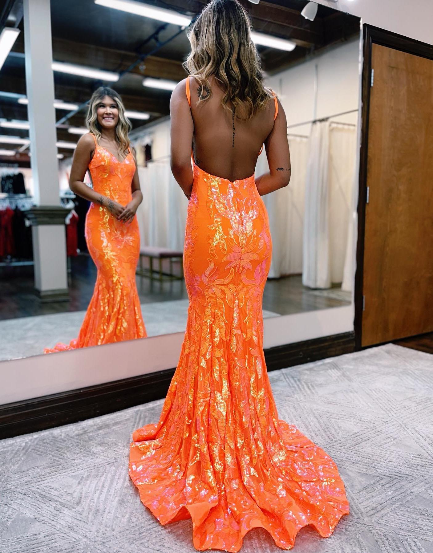 Mermaid Spaghetti Straps Open Back Glitter Prom Dress