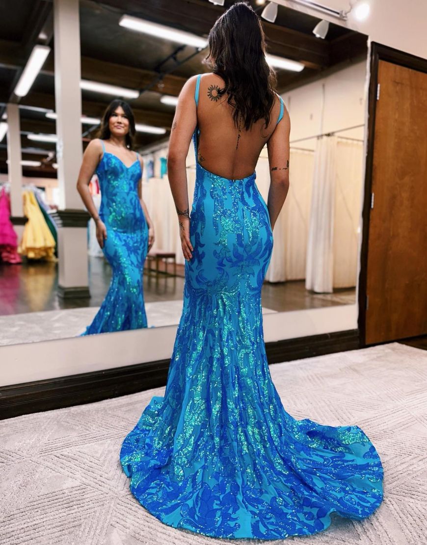 Mermaid Spaghetti Straps Open Back Glitter Prom Dress