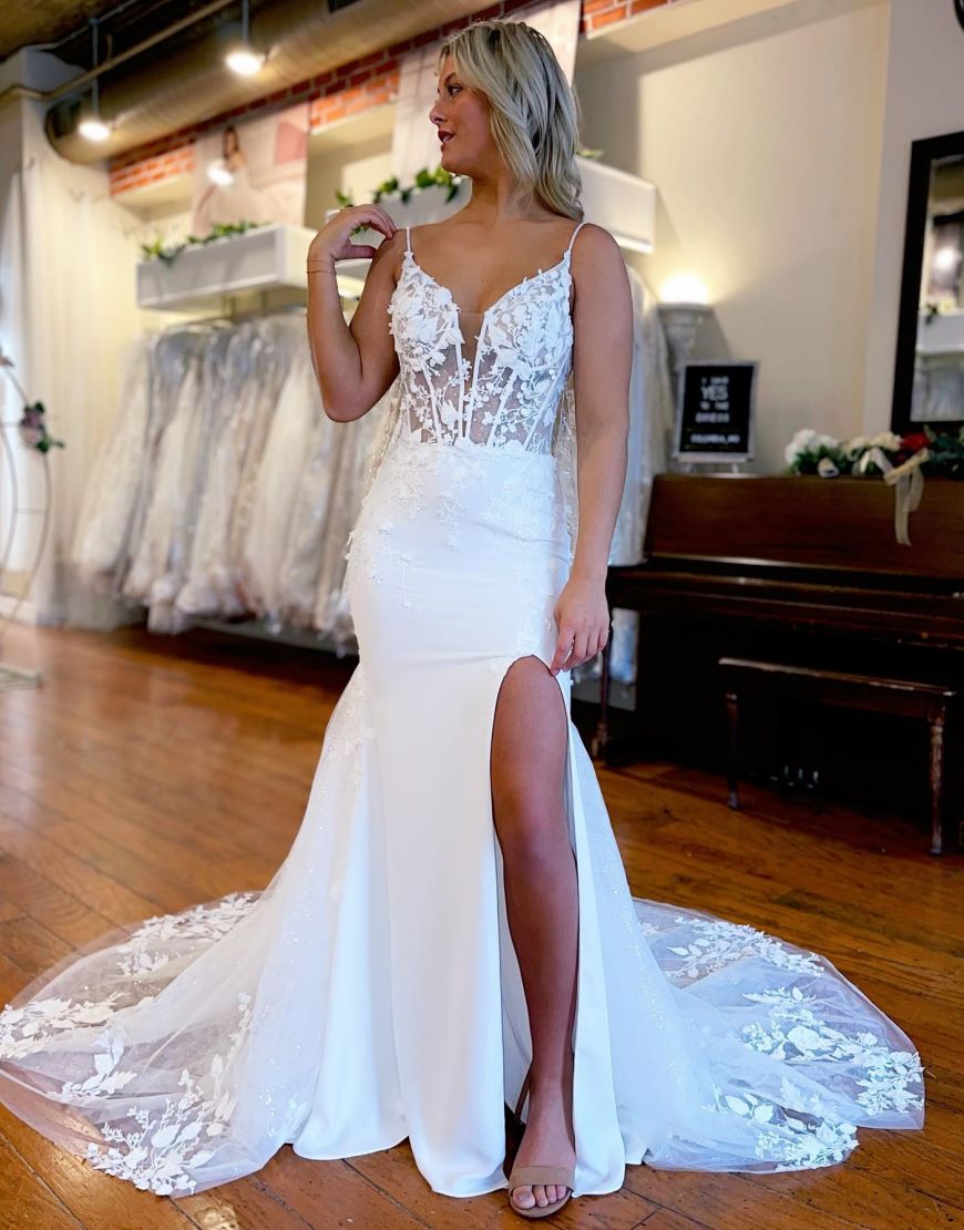 Mermaid Spaghetti Straps Satin Tulle Wedding Dress With Split