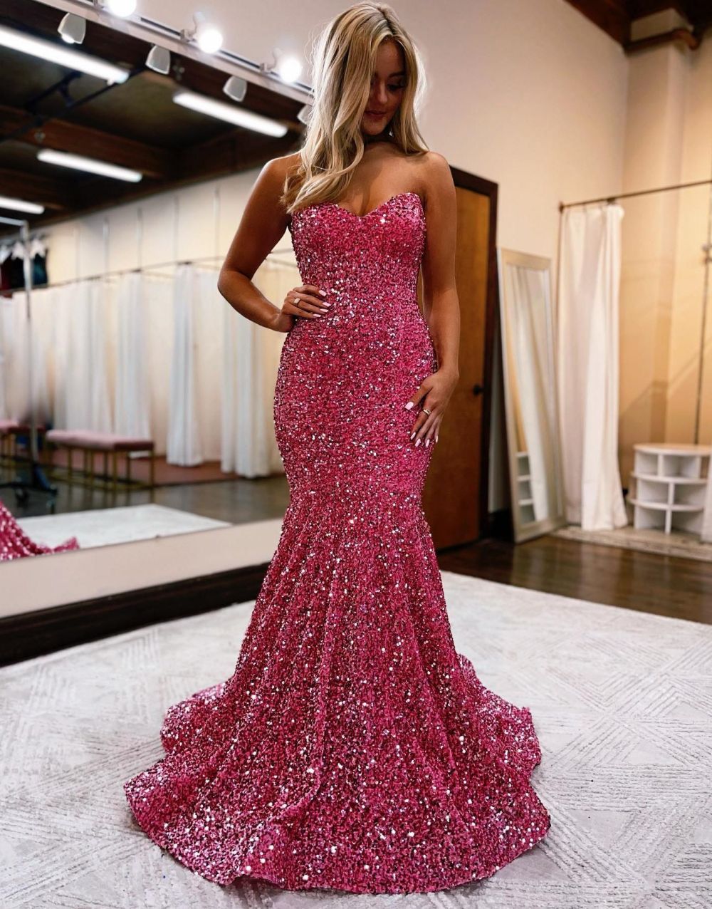 Mermaid Strapless Open Back Sequins Prom Dress