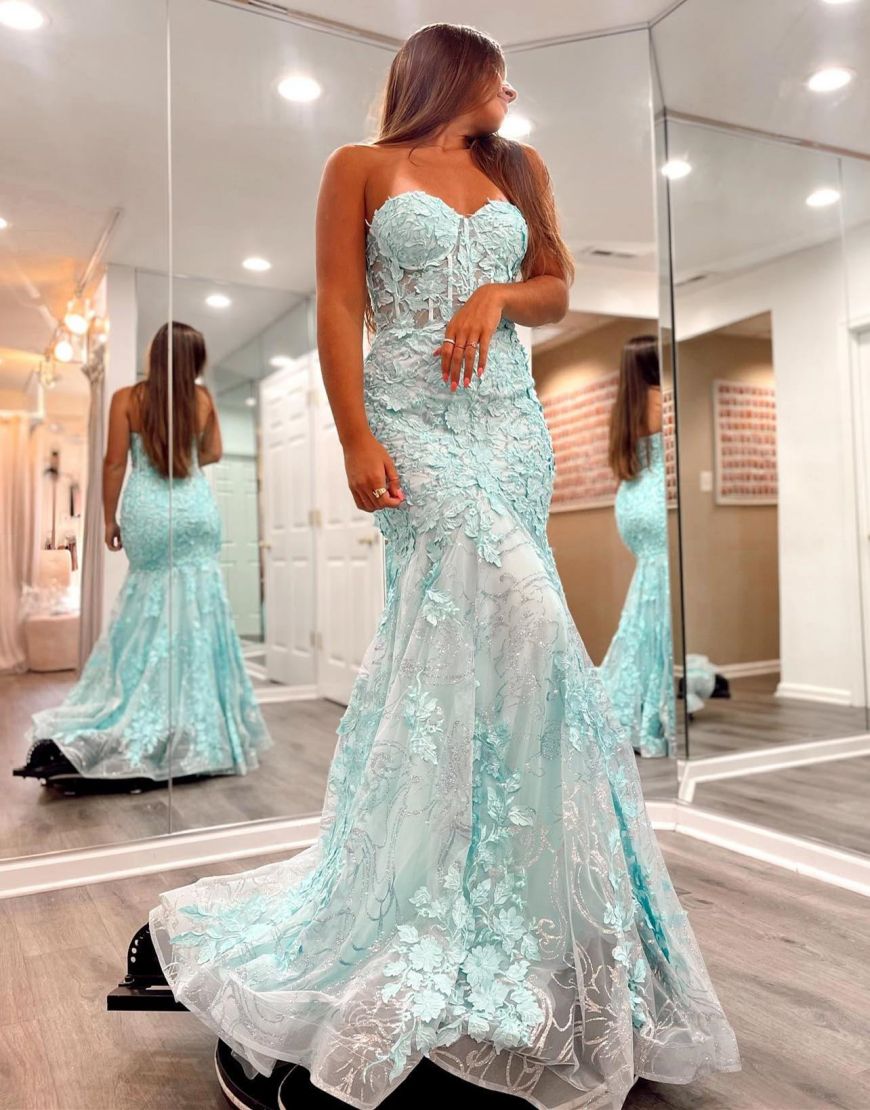 Mermaid Strapless Zipper Back Long Lace Prom Dress