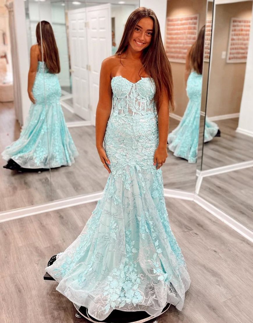 Mermaid Strapless Zipper Back Long Lace Prom Dress