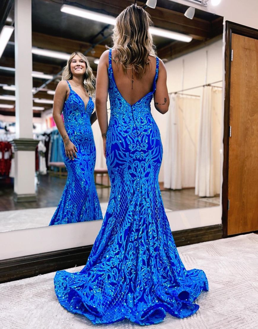 Charming Mermaid V-neck Open Back Light Blue Lace Prom Dresses,Elegant  Evening Party Dresses,MP549