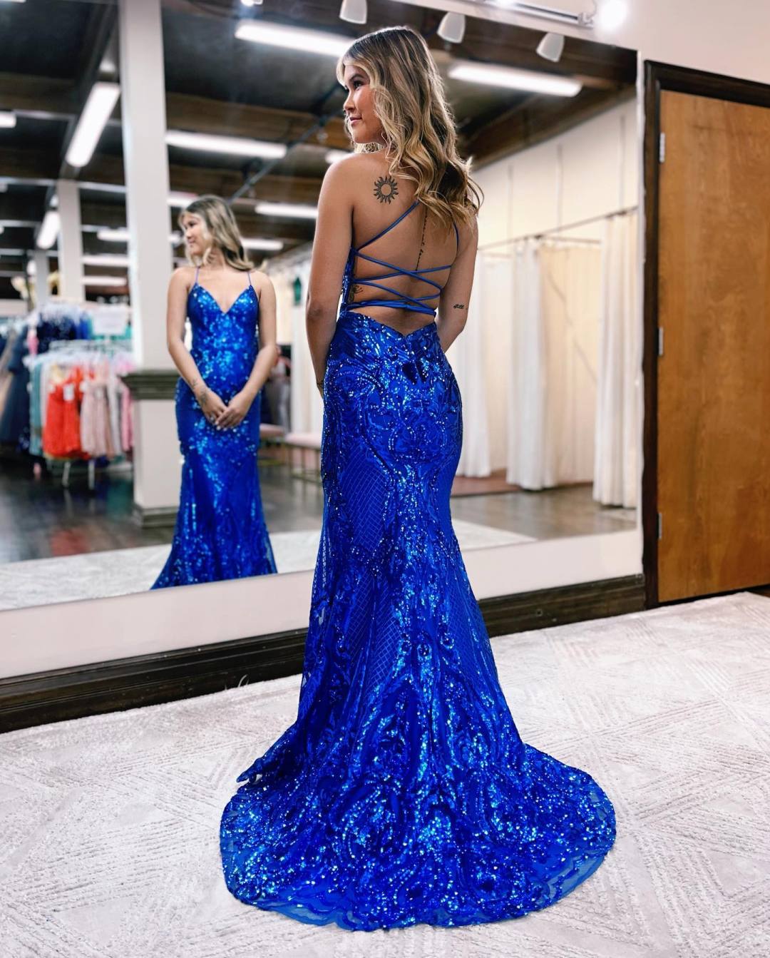 Mermaid V Neck Sweep Train Satin Prom Dress With Sequins LBQ4295 main image 1