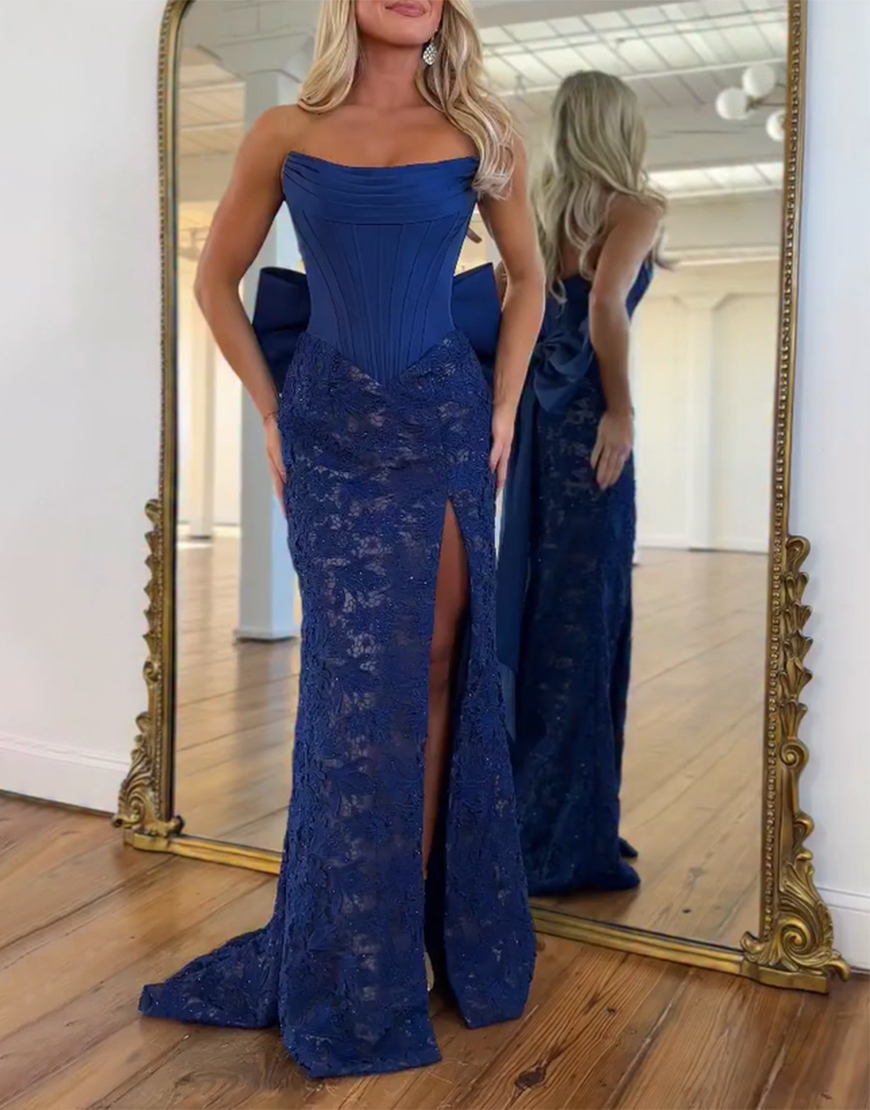 Red Mermaid Strapless Lace Corset Long Prom Dress with Bow