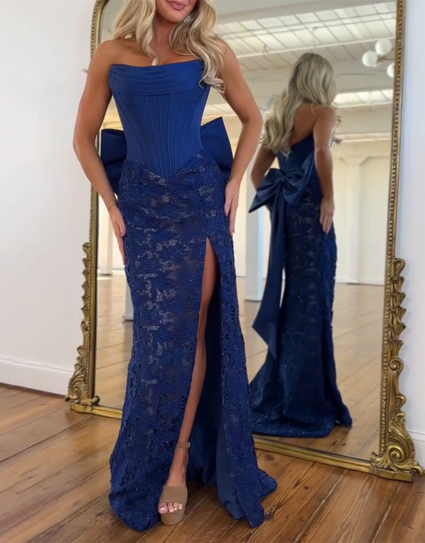 Red Mermaid Strapless Lace Corset Long Prom Dress with Bow