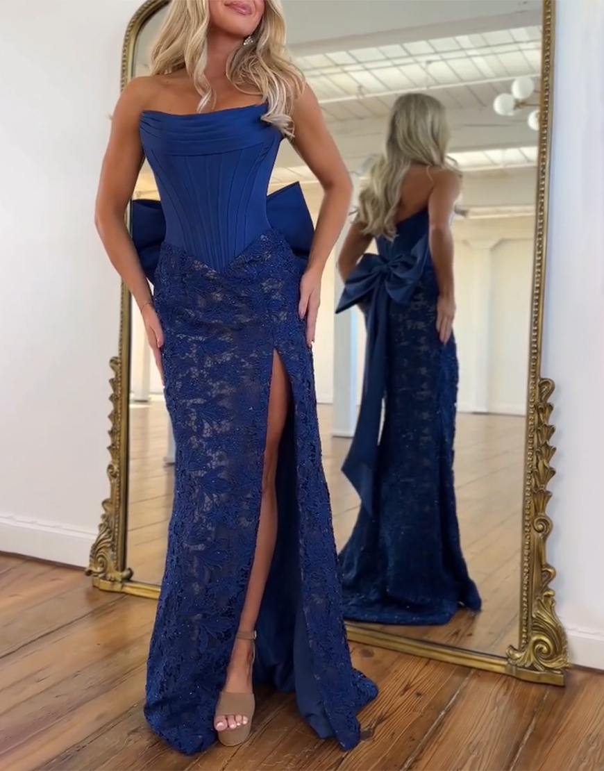 Red Mermaid Strapless Lace Corset Long Prom Dress with Bow