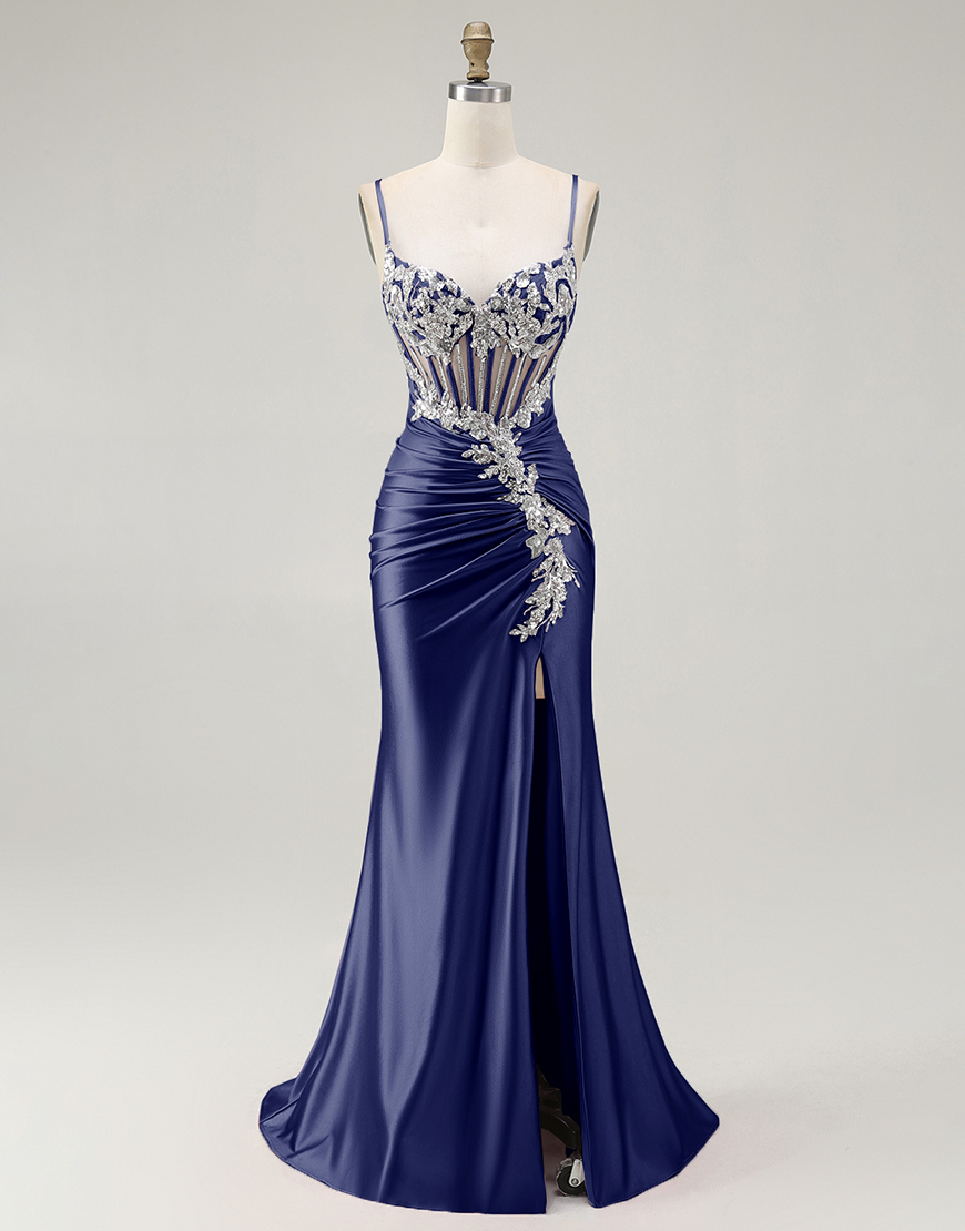 Sparkly Grey Pink Mermaid Satin Corset Long Prom Dress with Slit