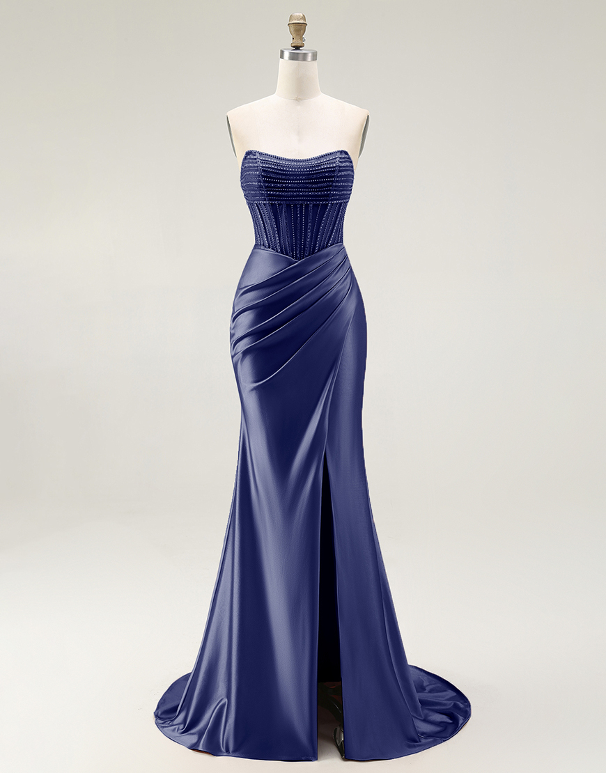 Sparkly Mermaid Blush Strapless Ruched Long Prom Dress with Slit