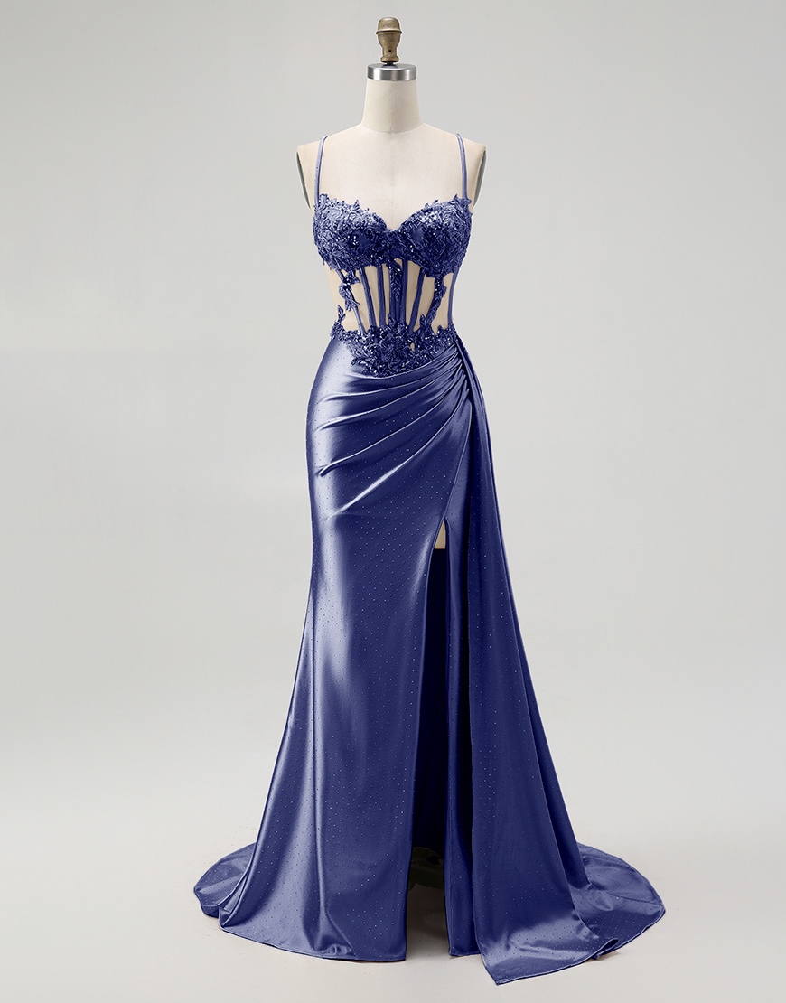 Sparkly Champagne Mermaid Spaghetti Straps Satin Long Prom Dress with Beading