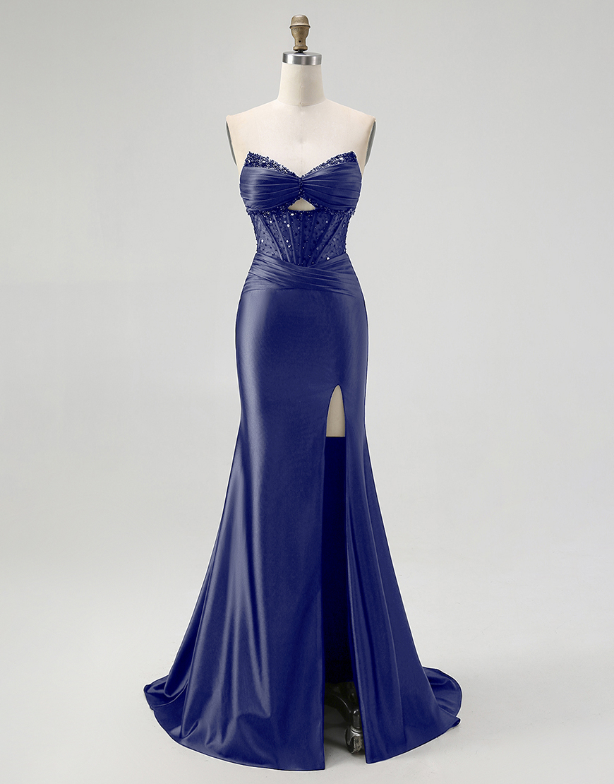 Sparkly Black Mermaid Sweetheart Long Satin Corset Prom Dress with Beading