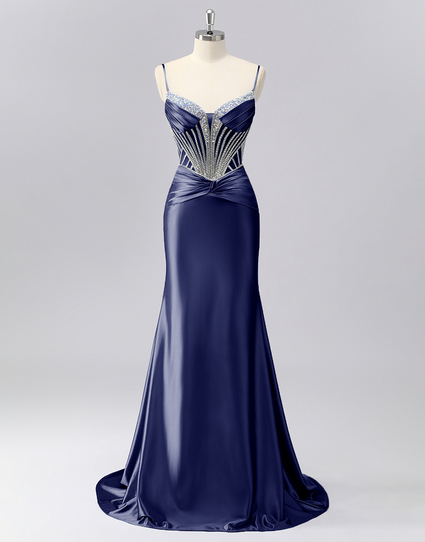 Sparkly Grey Blue Spaghetti Straps Mermaid Long Prom Dress with Beading