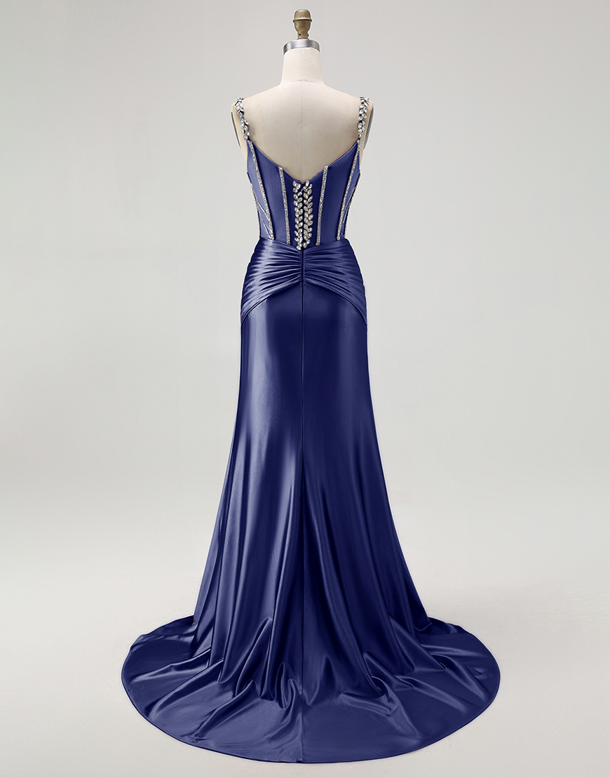 Sparkly Blush Mermaid Spaghetti Straps Long Corset Satin Prom Dress with Beading