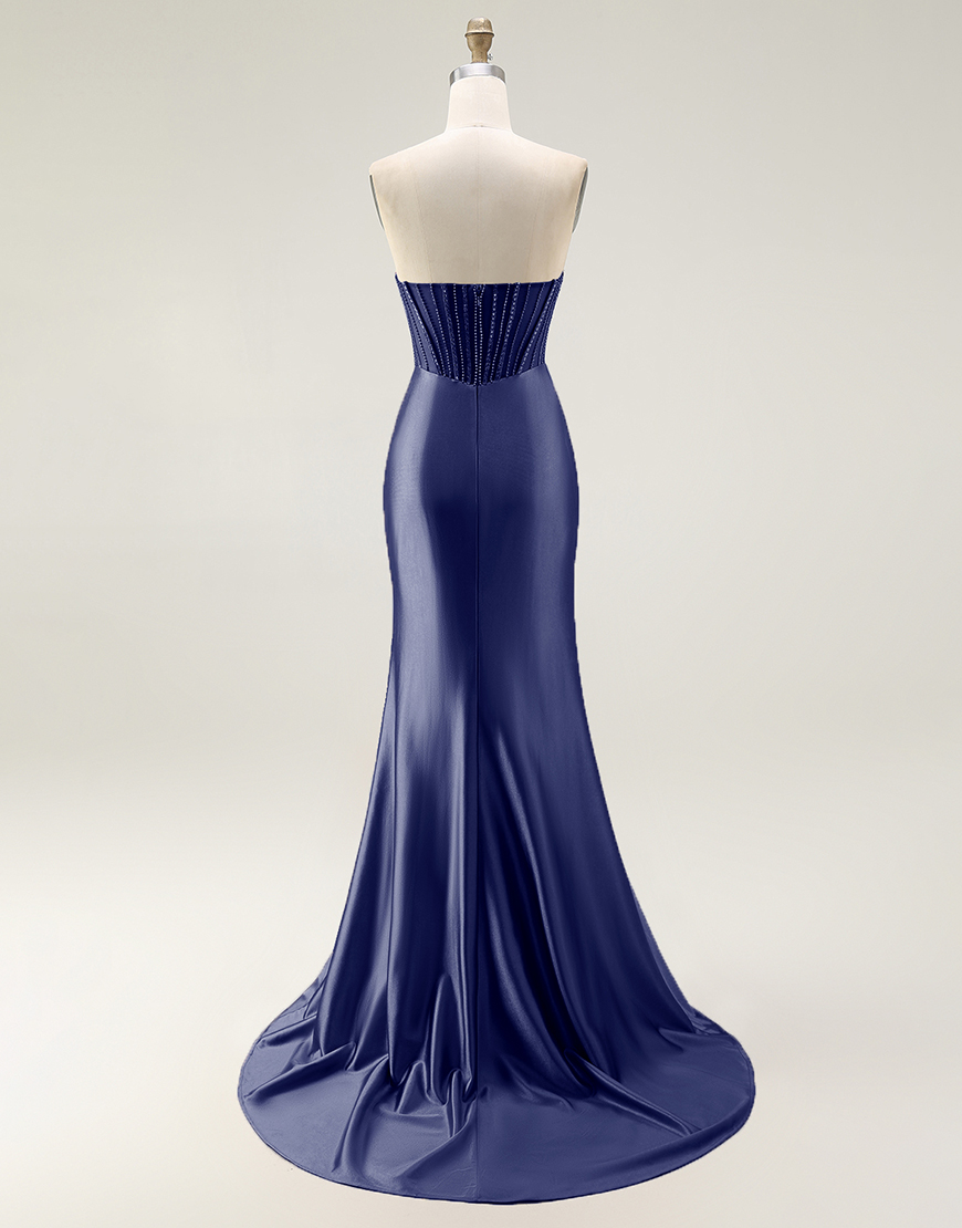 Sparkly Mermaid Blush Strapless Ruched Long Prom Dress with Slit