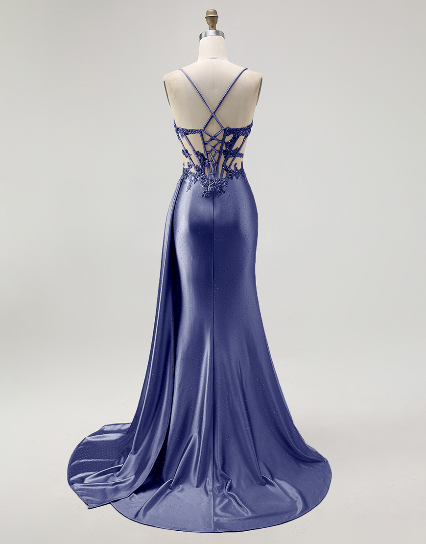 Sparkly Champagne Mermaid Spaghetti Straps Satin Long Prom Dress with Beading