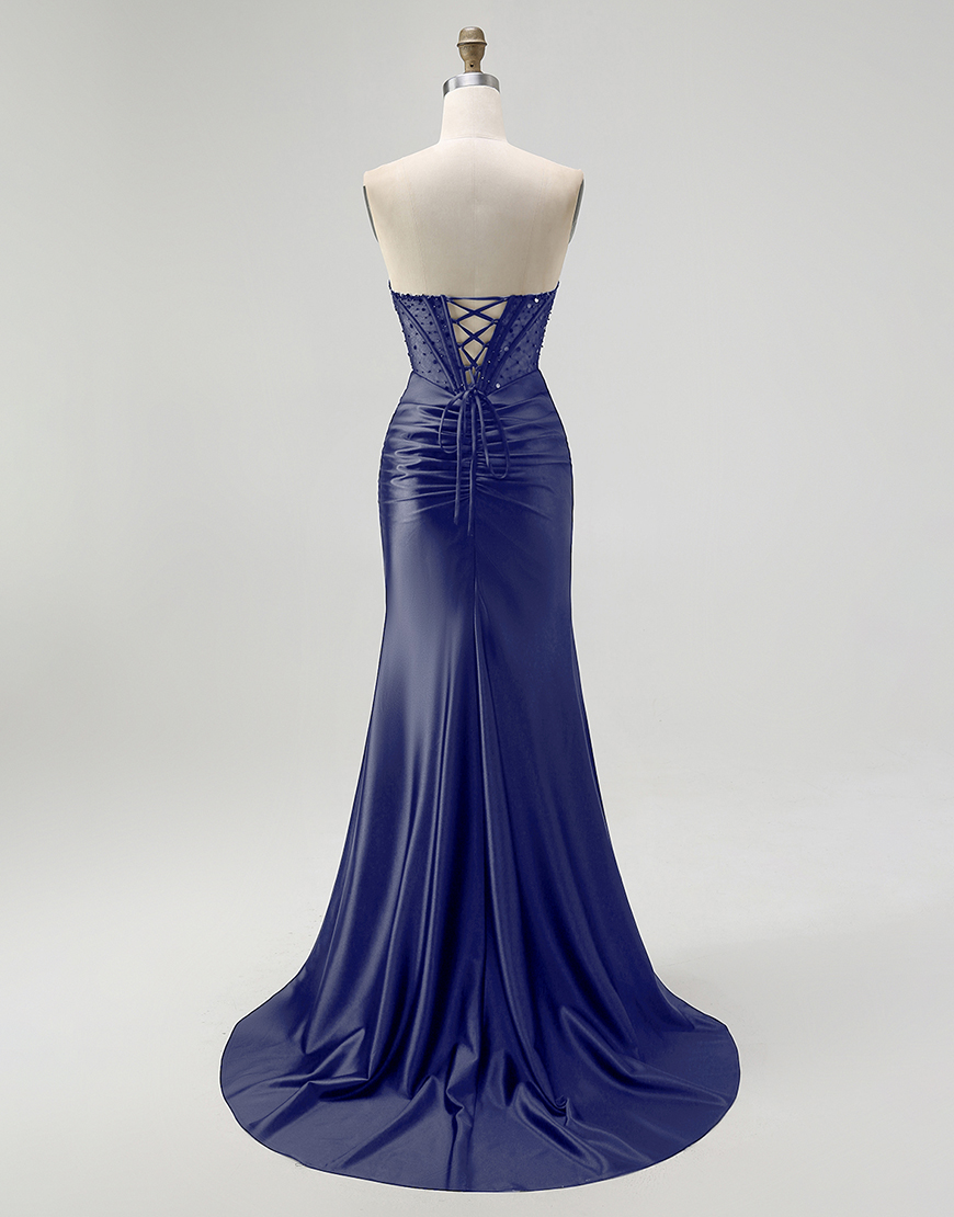 Sparkly Black Mermaid Sweetheart Long Satin Corset Prom Dress with Beading