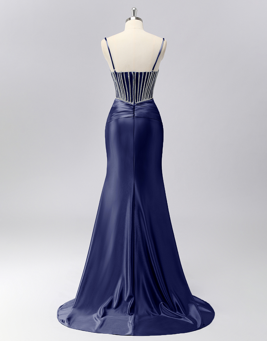 Sparkly Grey Blue Spaghetti Straps Mermaid Long Prom Dress with Beading