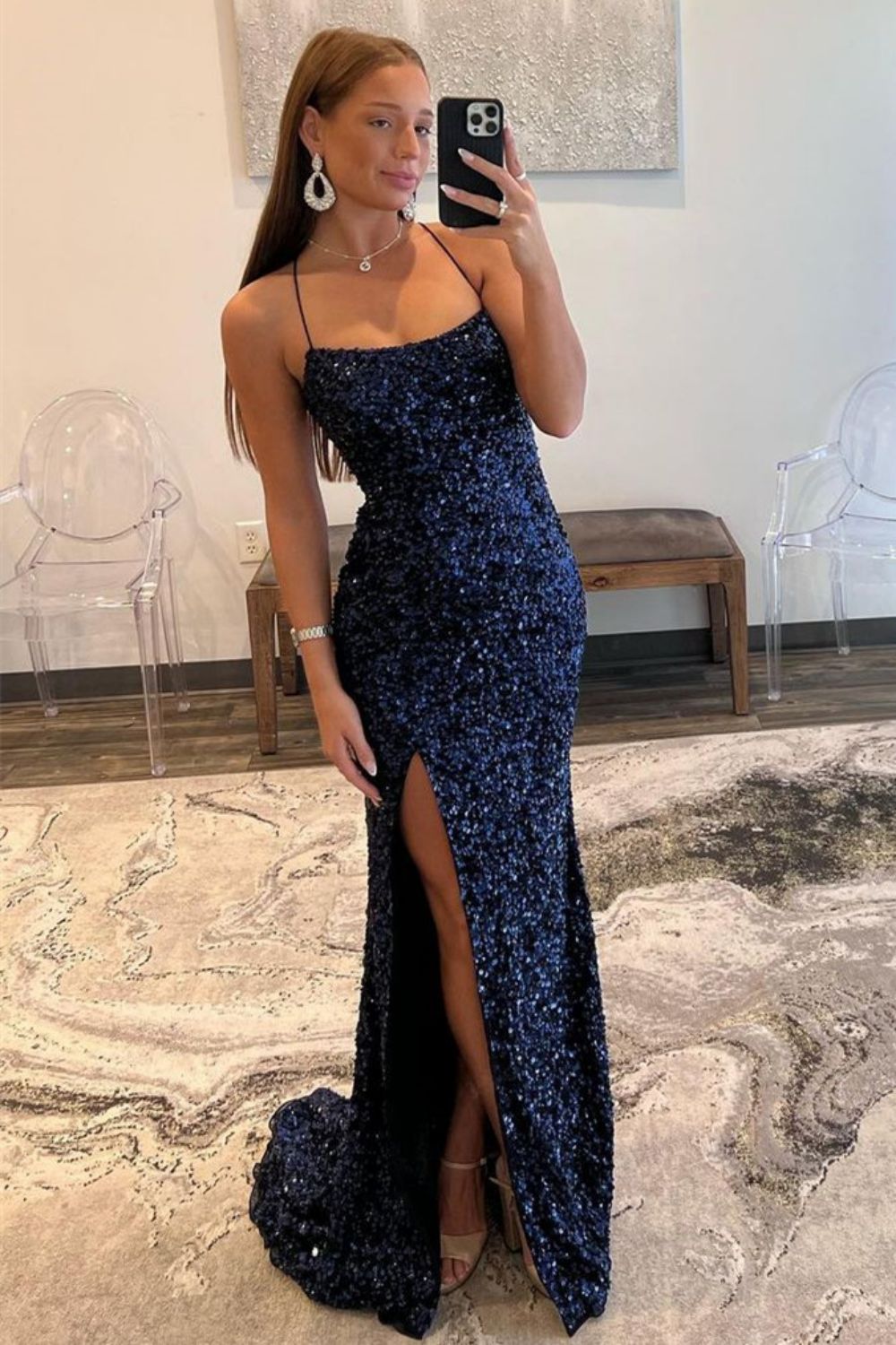 Navy Spaghetti Straps Lace Up Long Sequin Prom Dress With Split