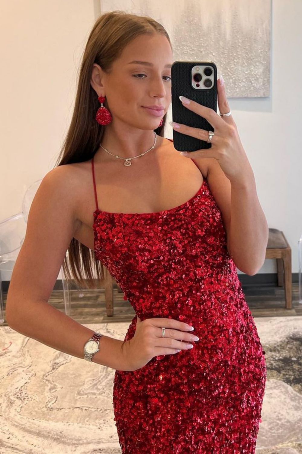 Navy Spaghetti Straps Lace Up Long Sequin Prom Dress With Split