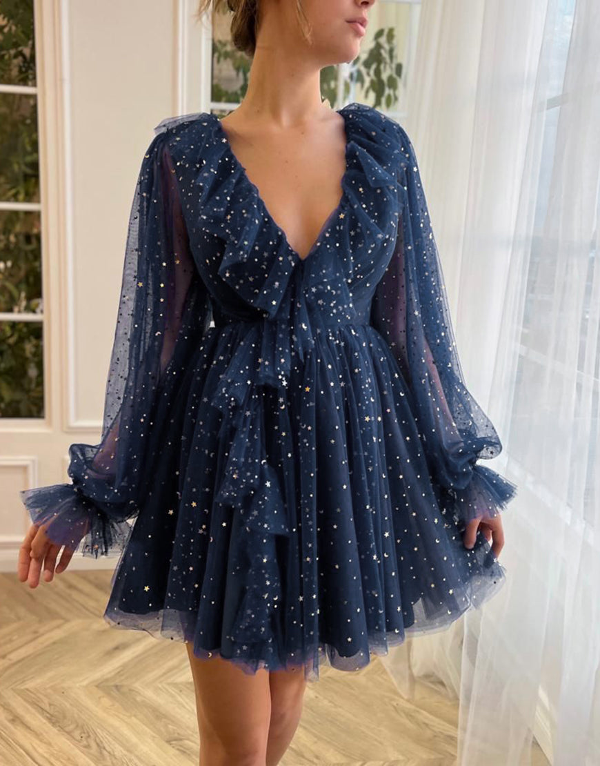 Navy V-Neck Long Sleeves A-Line Homecoming Dress