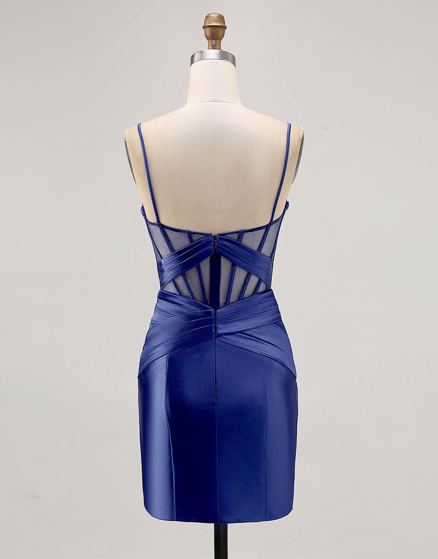 Royal Blue Tight Ruched Satin Short Corset Homecoming Dress with Slit
