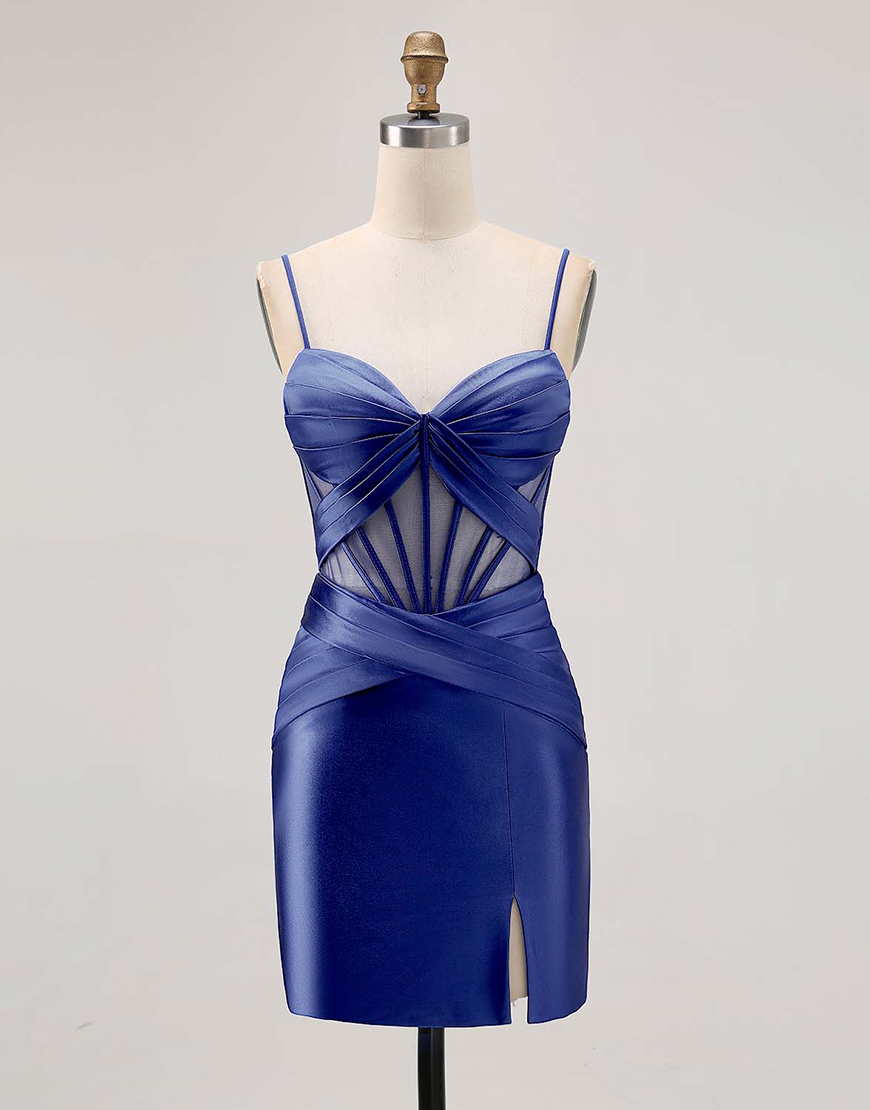 Royal Blue Tight Ruched Satin Short Corset Homecoming Dress with Slit