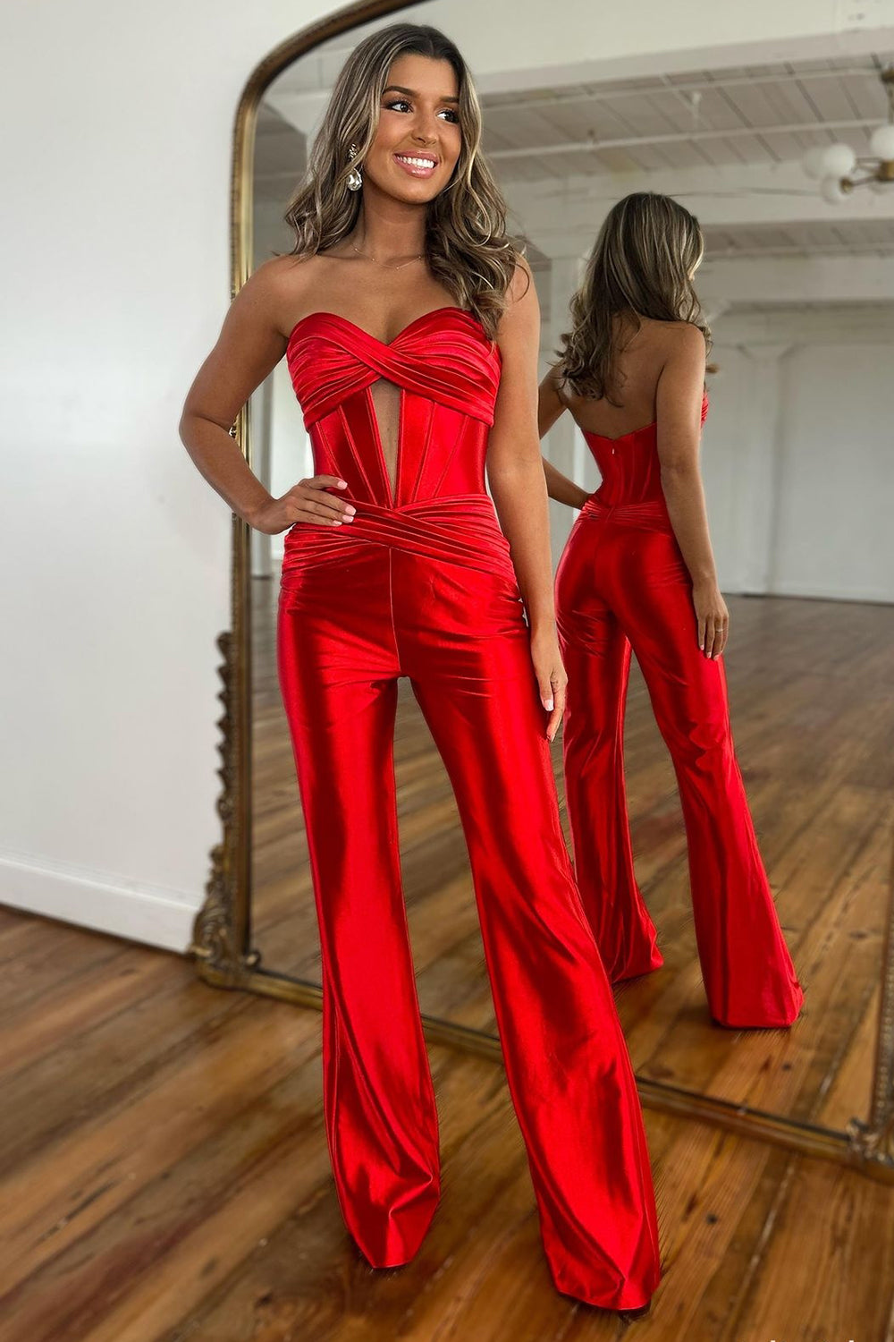 Newly Red Sweetheart Zipper Back Long Satin Prom Jumpsuit