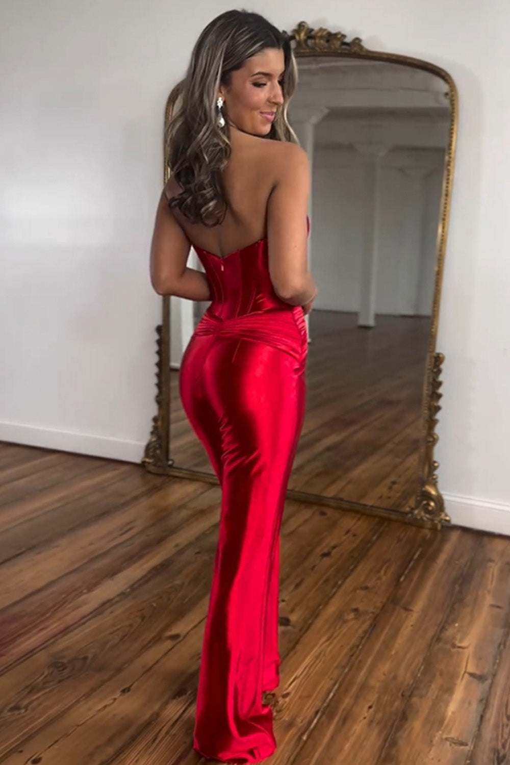 Newly Red Sweetheart Zipper Back Long Satin Prom Jumpsuit