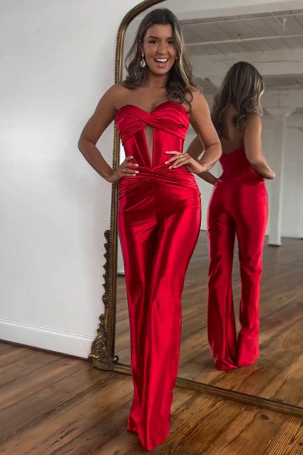 Newly Red Sweetheart Zipper Back Long Satin Prom Jumpsuit