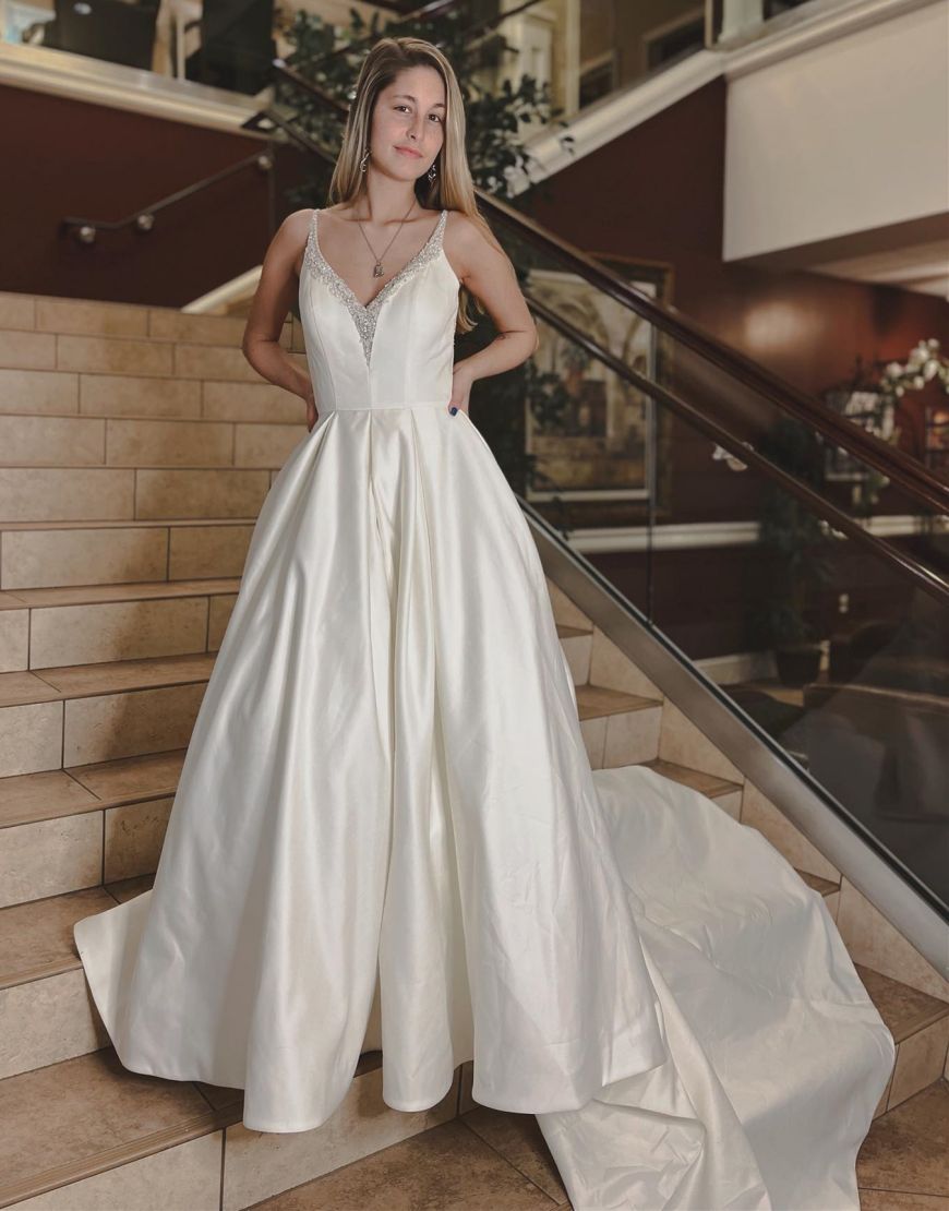 Noble A-line V-Neck Chapel Train Satin Wedding Dress With Beading