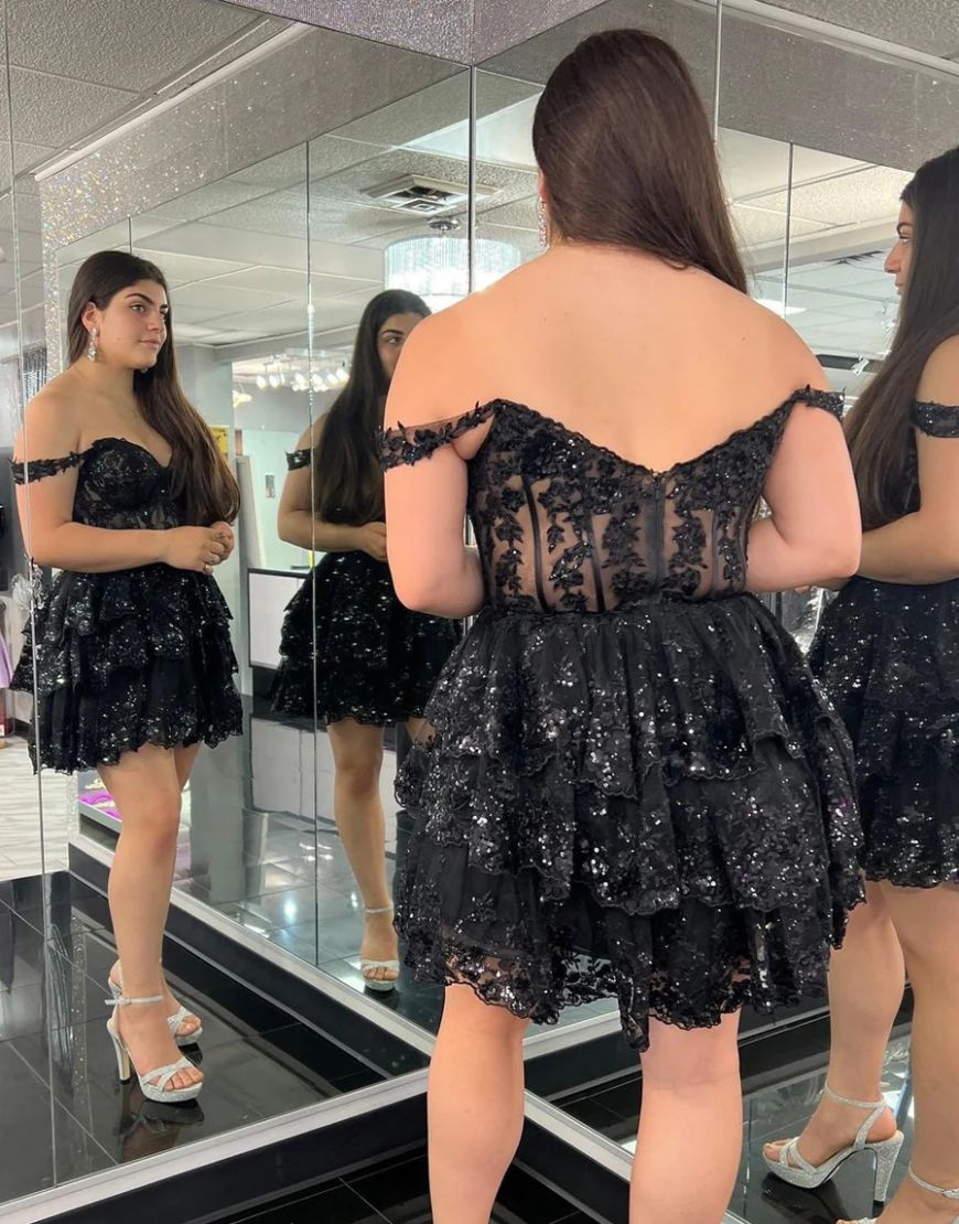 Dark Blue Off The Shoulder A-Line Tiered Short Party Dress