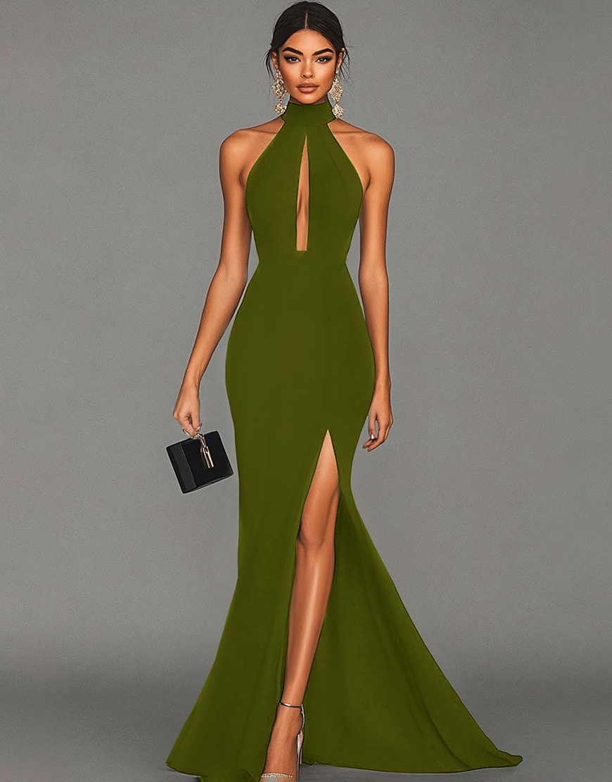 Black Mermaid High Neck Hollow Out Satin Long Formal Dress with Slit