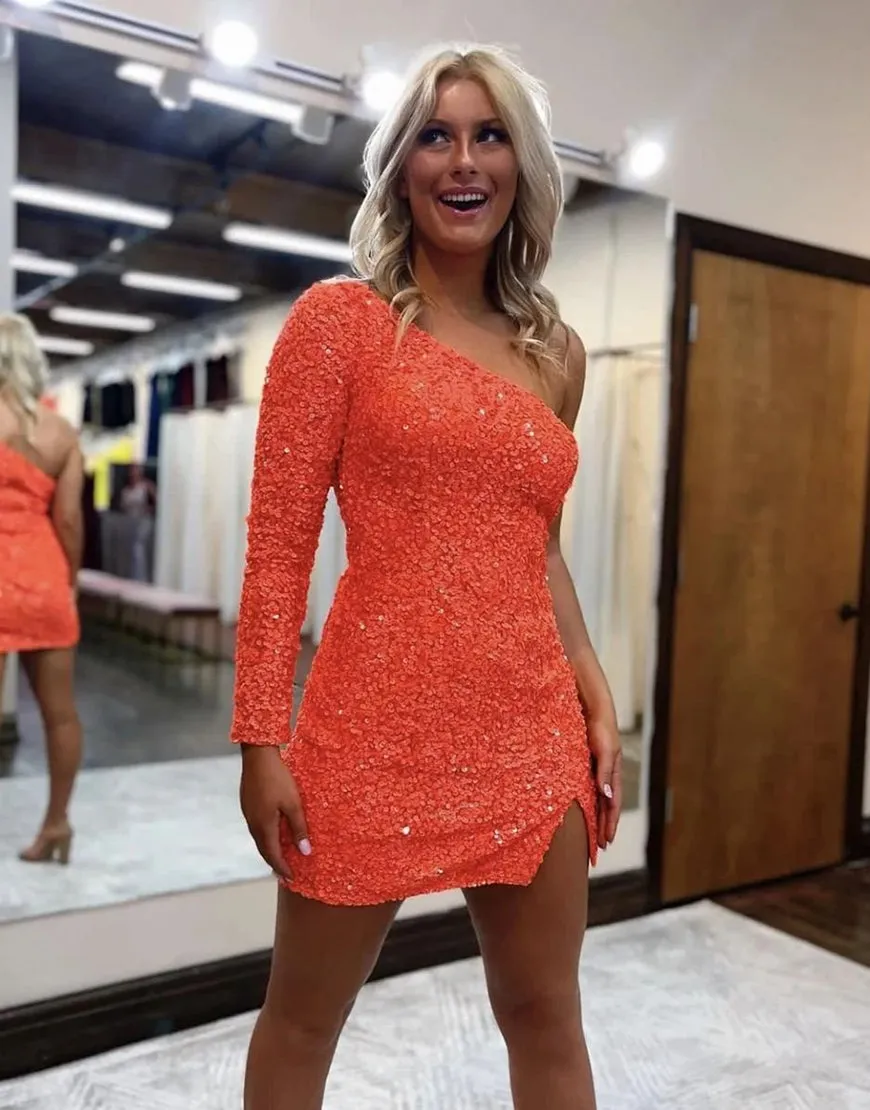 Sexy Glitter One-Shoulder Sequins Homecoming Dress Party Dress