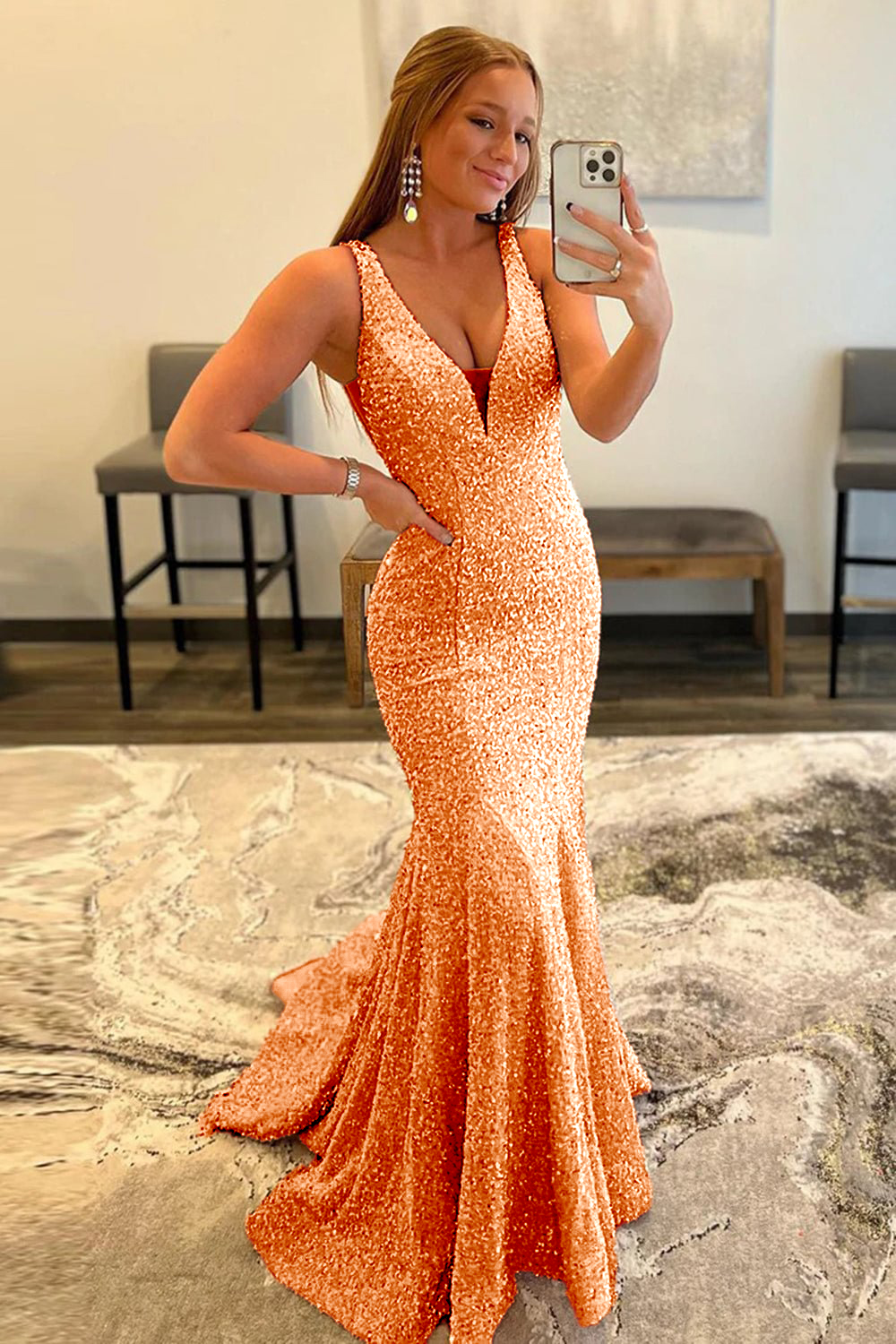 Sexy Glitter V Neck Mermaid Pink Long Prom Dress