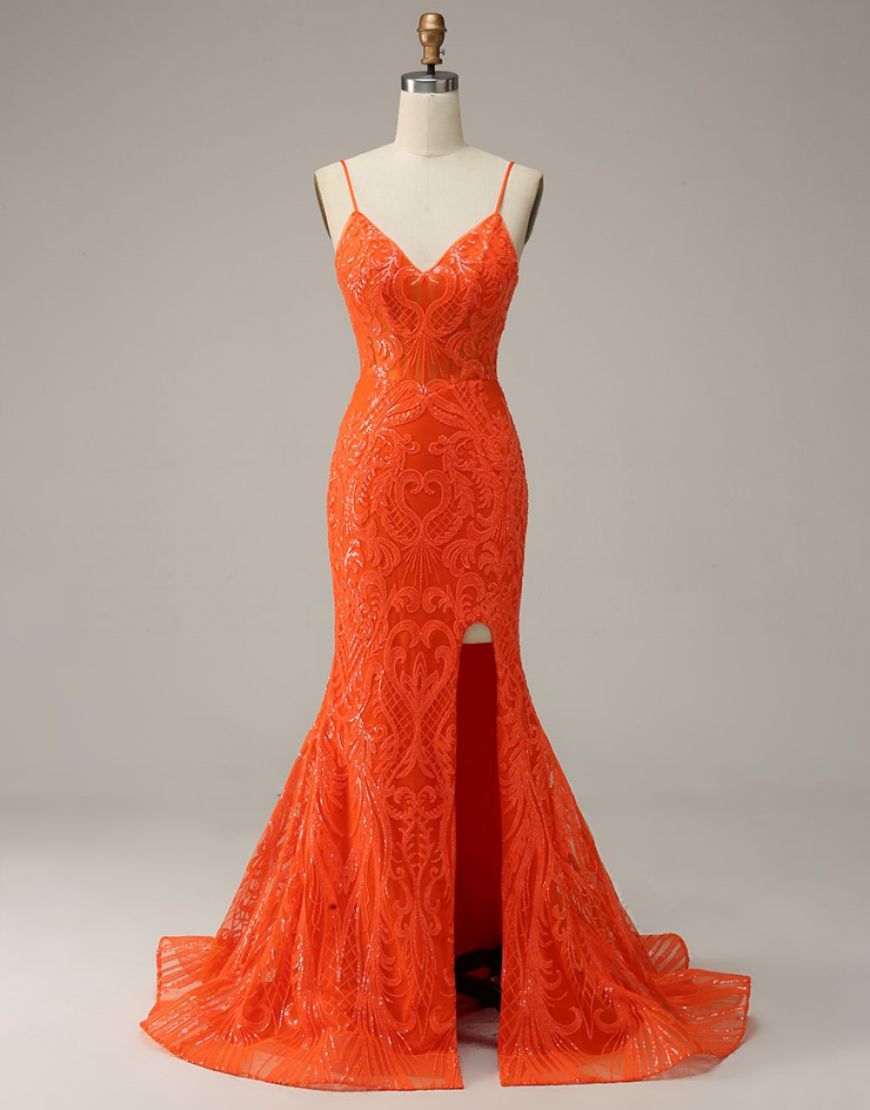Orange Mermaid Spaghetti Straps Sequins Split Dress