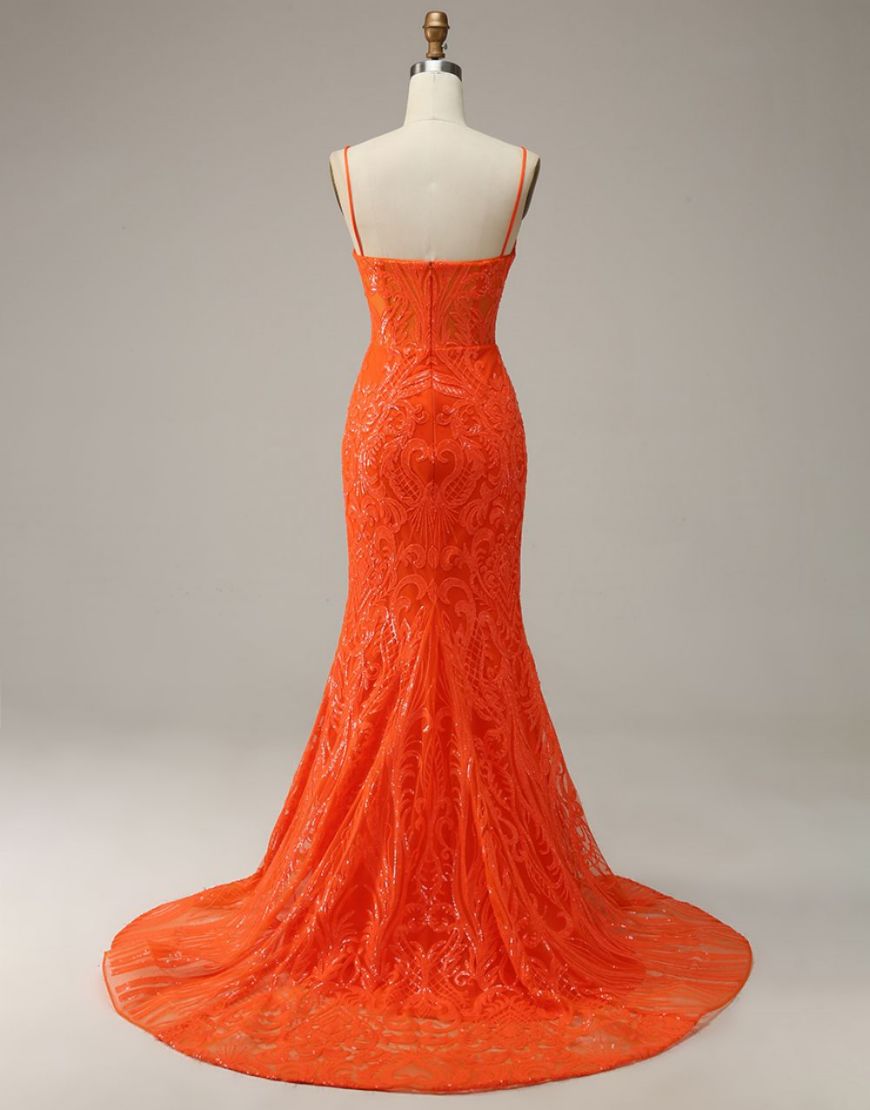Orange Mermaid Spaghetti Straps Sequins Split Dress