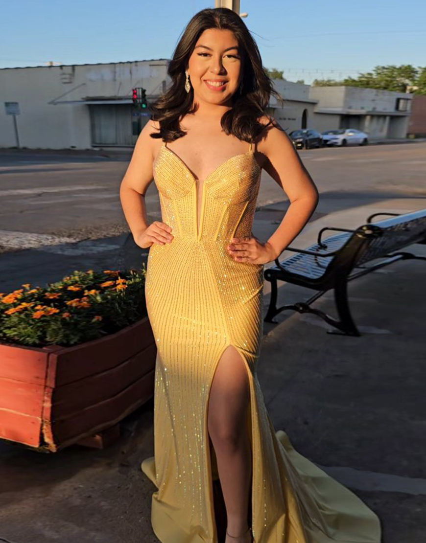 Sparkly Emerald Green Mermaid Spaghetti Straps Long Beaded Prom Dress With Split