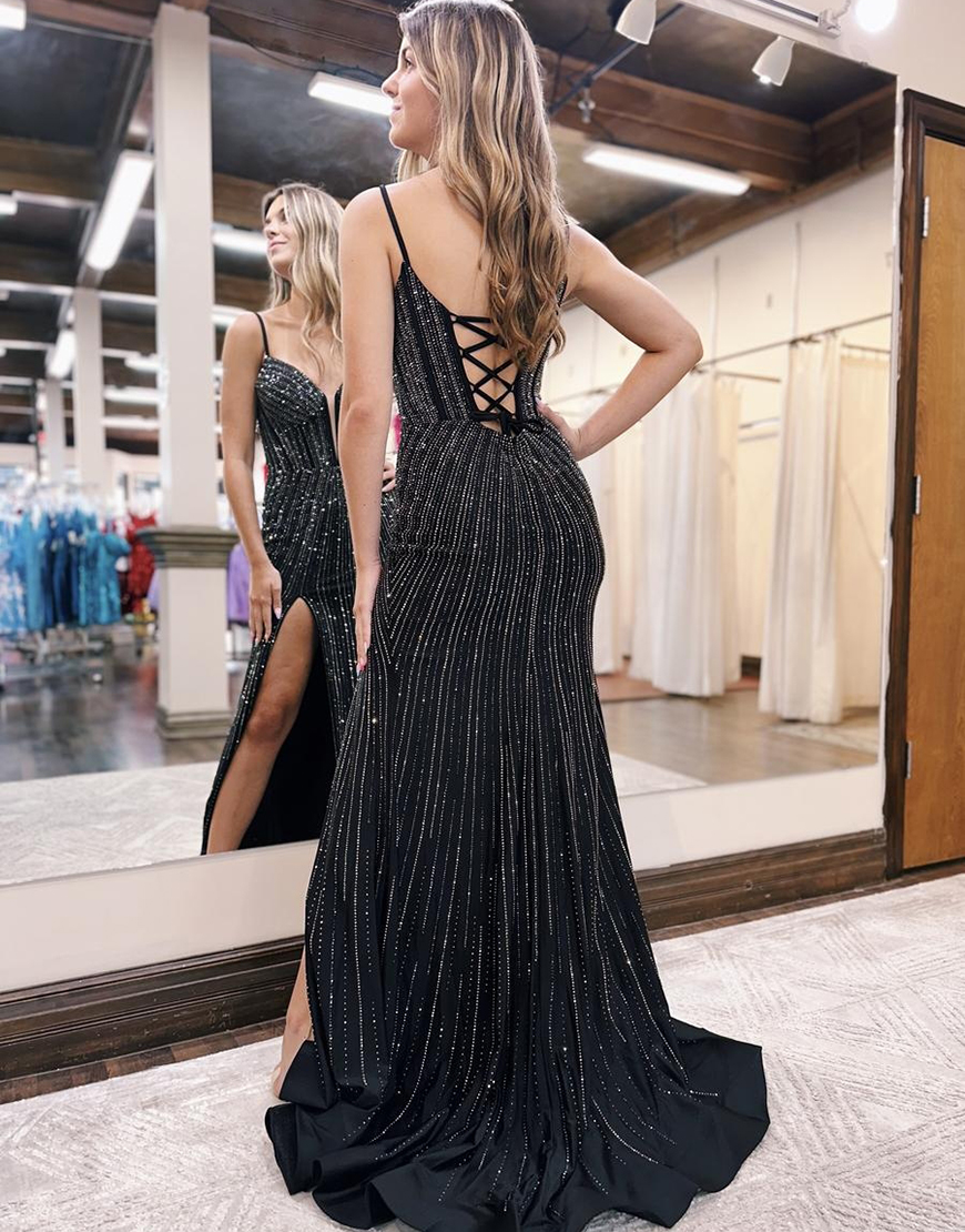 Sparkly Red Mermaid Spaghetti Straps Long Beaded Prom Dress With Split