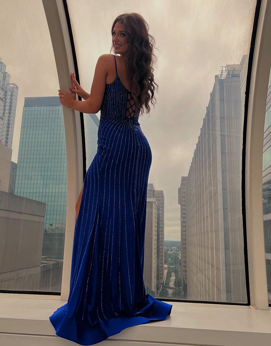 Sparkly Red Mermaid Spaghetti Straps Long Beaded Prom Dress With Split